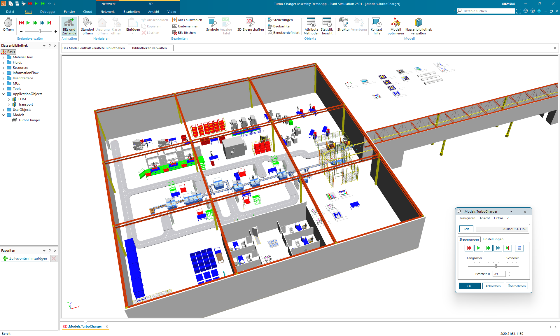 3D-Materialflusssimulation einer Turbolader-Montageanlage als Digitaler Zwilling zur Prozessanalyse und Optimierung.