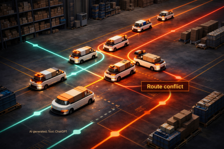 AGV-Flotte in der Intralogistik mit visualisiertem Verkehrsfluss und Blockierungen.