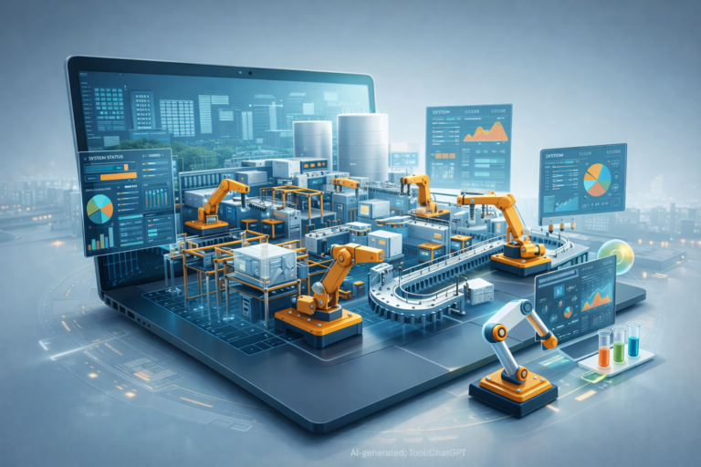 Materialflusssimulation in drei Phasen: Vom digitalen Modell im Laptop zur realitätsnahen Fabrik mit integrierter Analyse und Entscheidungsgrundlage.“