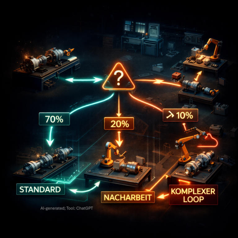 Dynamische MRO-Prozesse mit Rückläufern, Nacharbeit und komplexem Materialfluss in der Simulation.