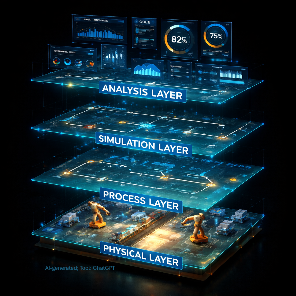 Explosionsdarstellung einer digitalen Fabrik: Physical, Process, Simulation und Analysis Layer zeigen den Aufbau einer Materialflusssimulation vom realen System bis zur Auswertung.
