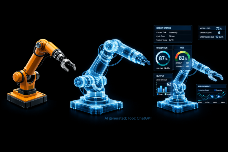 Digitaler Zwilling eines Industrieroboters mit X-Ray-Ansicht und Dashboard für OEE, Auslastung und Produktionskennzahlen.